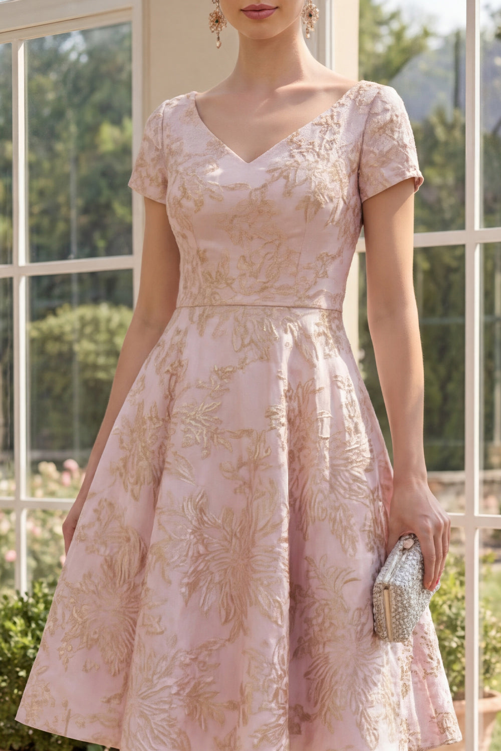 Short Sleeves V-Neck A Line Blush Jacquard Short Floral Wedding Guest Dress