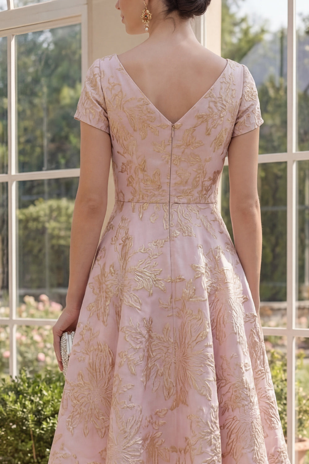 Short Sleeves V-Neck A Line Blush Jacquard Short Floral Wedding Guest Dress