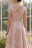 Short Sleeves V-Neck A Line Blush Jacquard Short Floral Wedding Guest Dress