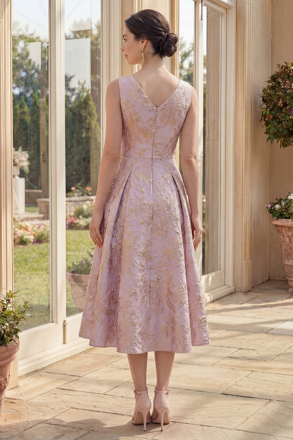 Boat Neck Dusty Lilac Jacquard Maxi A Line Floral Wedding Guest Dress