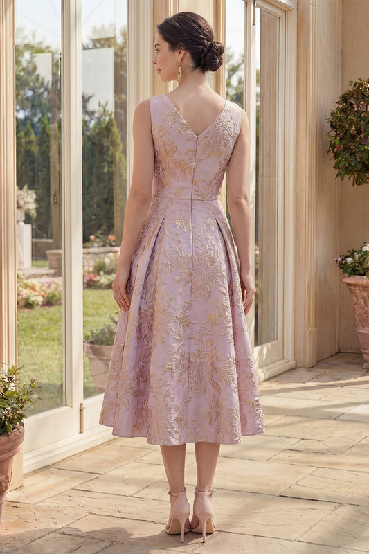 Boat Neck Dusty Lilac Jacquard Maxi A Line Floral Wedding Guest Dress