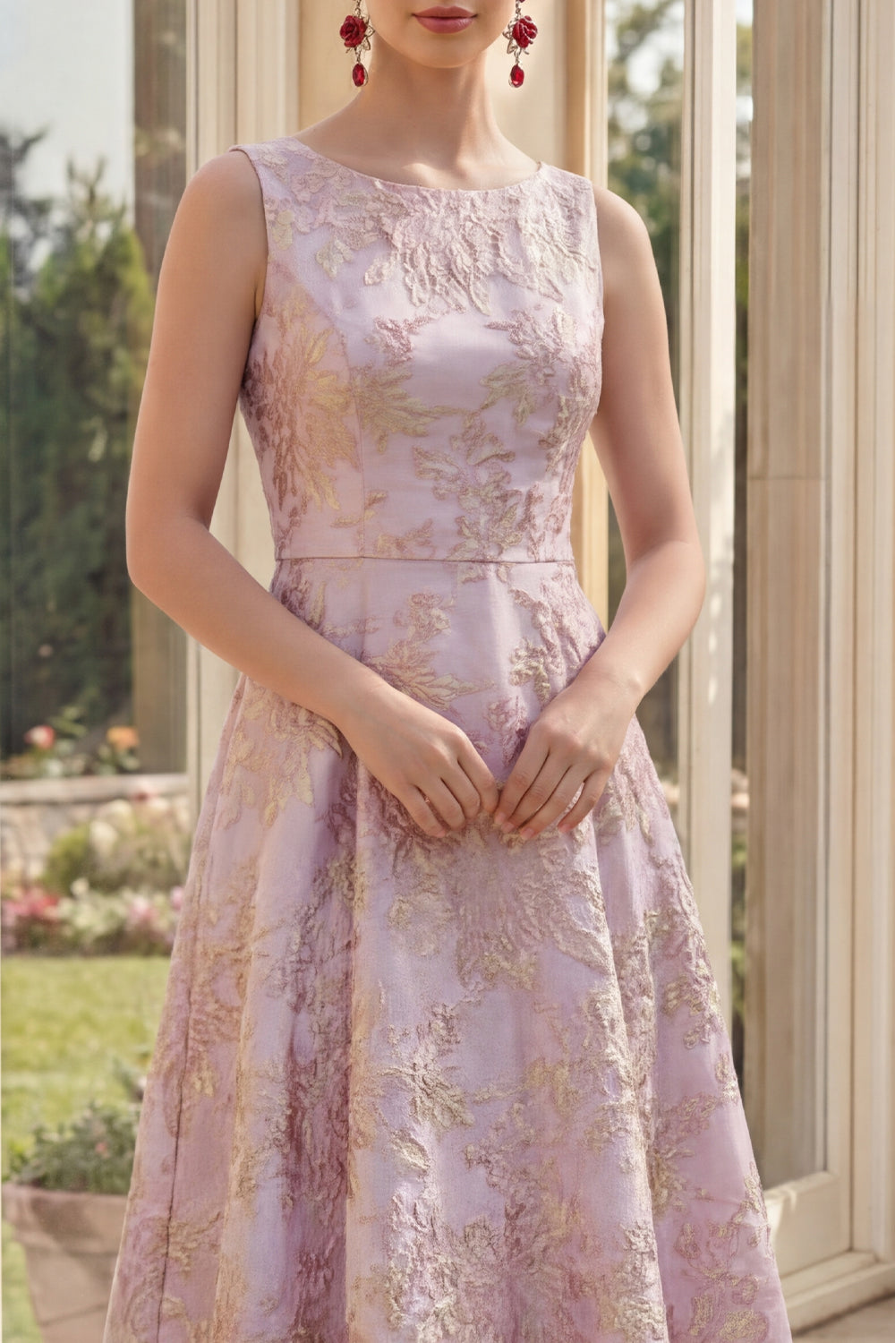Boat Neck Dusty Lilac Jacquard Maxi A Line Floral Wedding Guest Dress