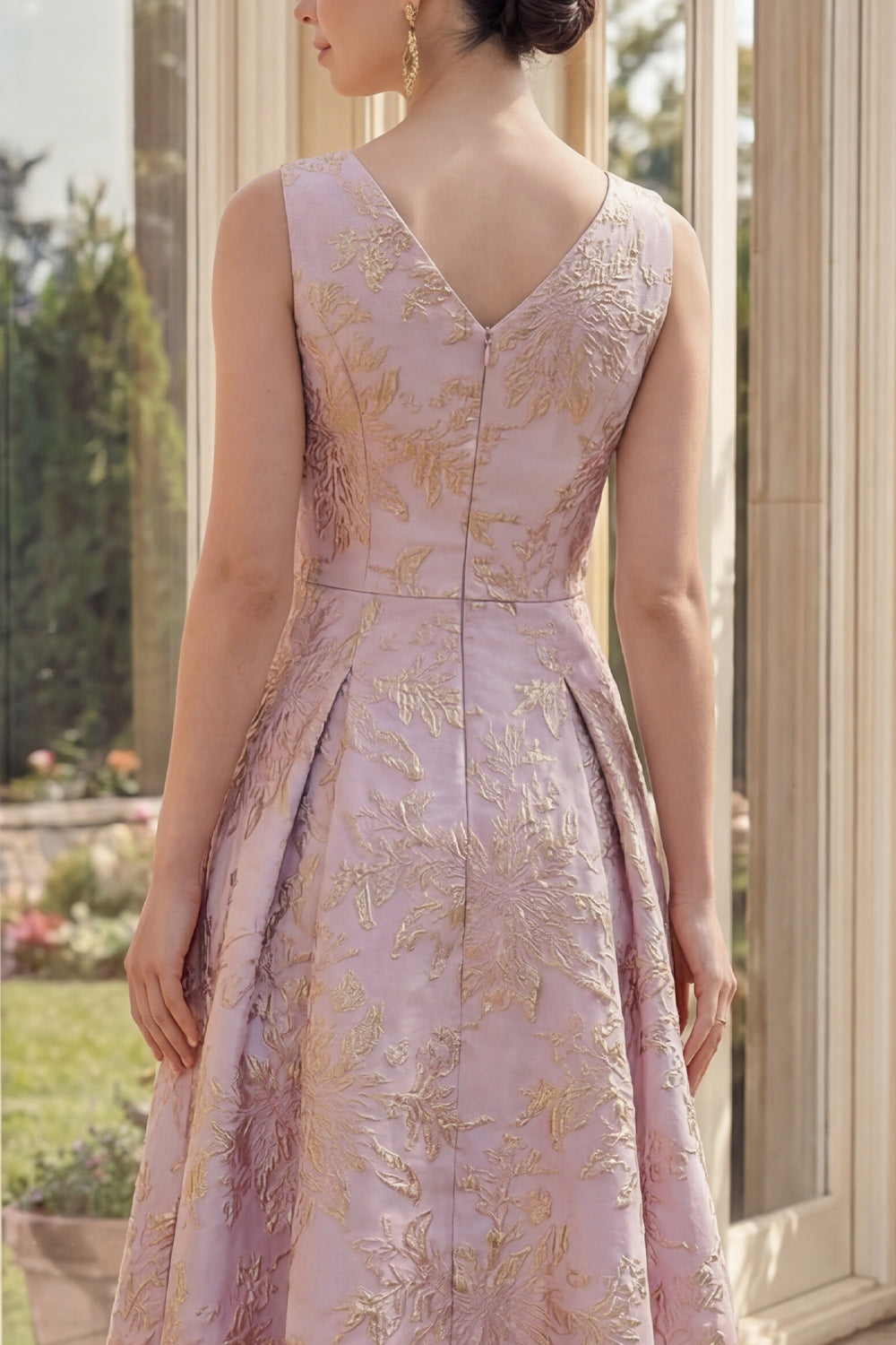 Boat Neck Dusty Lilac Jacquard Maxi A Line Floral Wedding Guest Dress