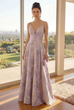 Spaghetti Straps Dusty Lilac Jacquard Long A Line Floral Wedding Guest Dress