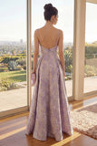 Spaghetti Straps Dusty Lilac Jacquard Long A Line Floral Wedding Guest Dress