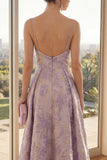 Spaghetti Straps Dusty Lilac Jacquard Long A Line Floral Wedding Guest Dress