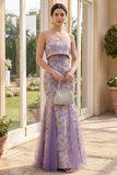 Mermaid Strapless Dusty Lilac Jacquard Long Floral Wedding Guest Dress