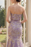 Mermaid Strapless Dusty Lilac Jacquard Long Floral Wedding Guest Dress