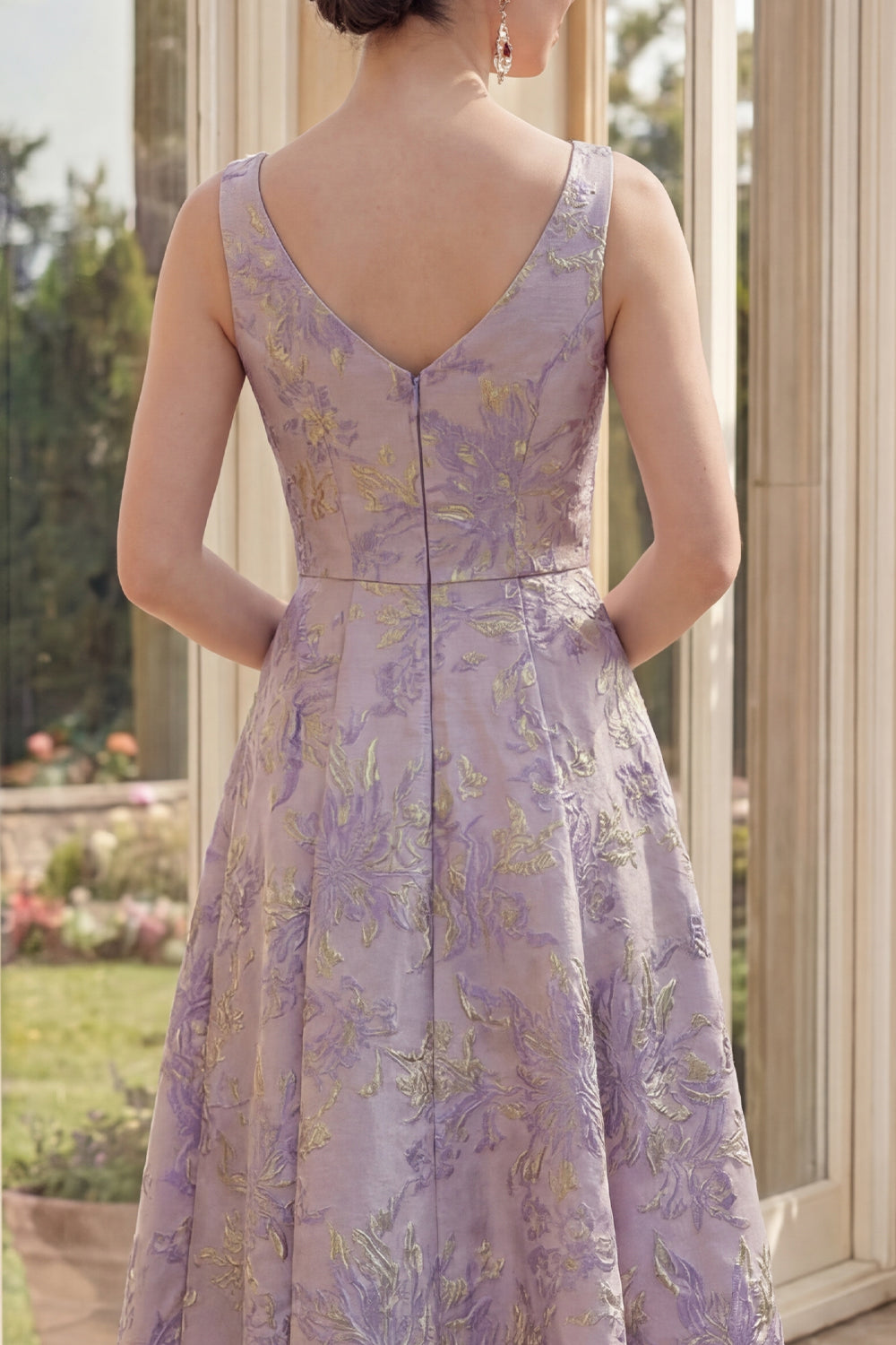 Jacquard Maxi A Line Boat Neck Dusty Lilac Floral Wedding Guest Dress