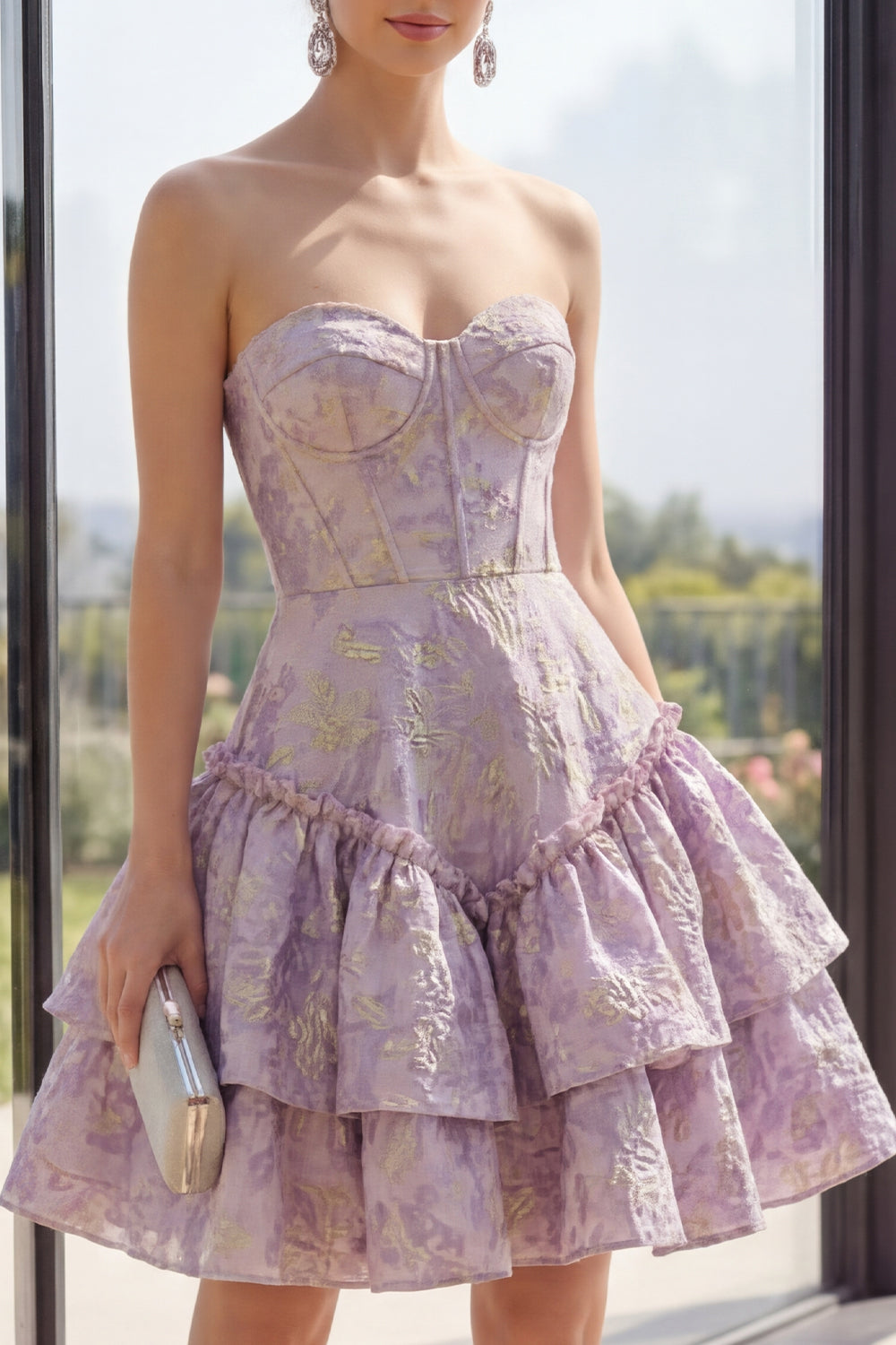 Basque Waist A Line Corset Dusty Lilac Jacquard Short Wedding Guest Dress with Ruffles