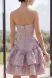 Basque Waist A Line Corset Dusty Lilac Jacquard Short Wedding Guest Dress with Ruffles
