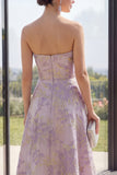 Floral Strapless Dusty Lilac Jacquard Long A Line Wedding Guest Dress