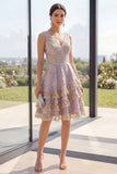 Short V-Neck A Line Dusty Lilac Jacquard Wedding Guest Dress with Ruffles