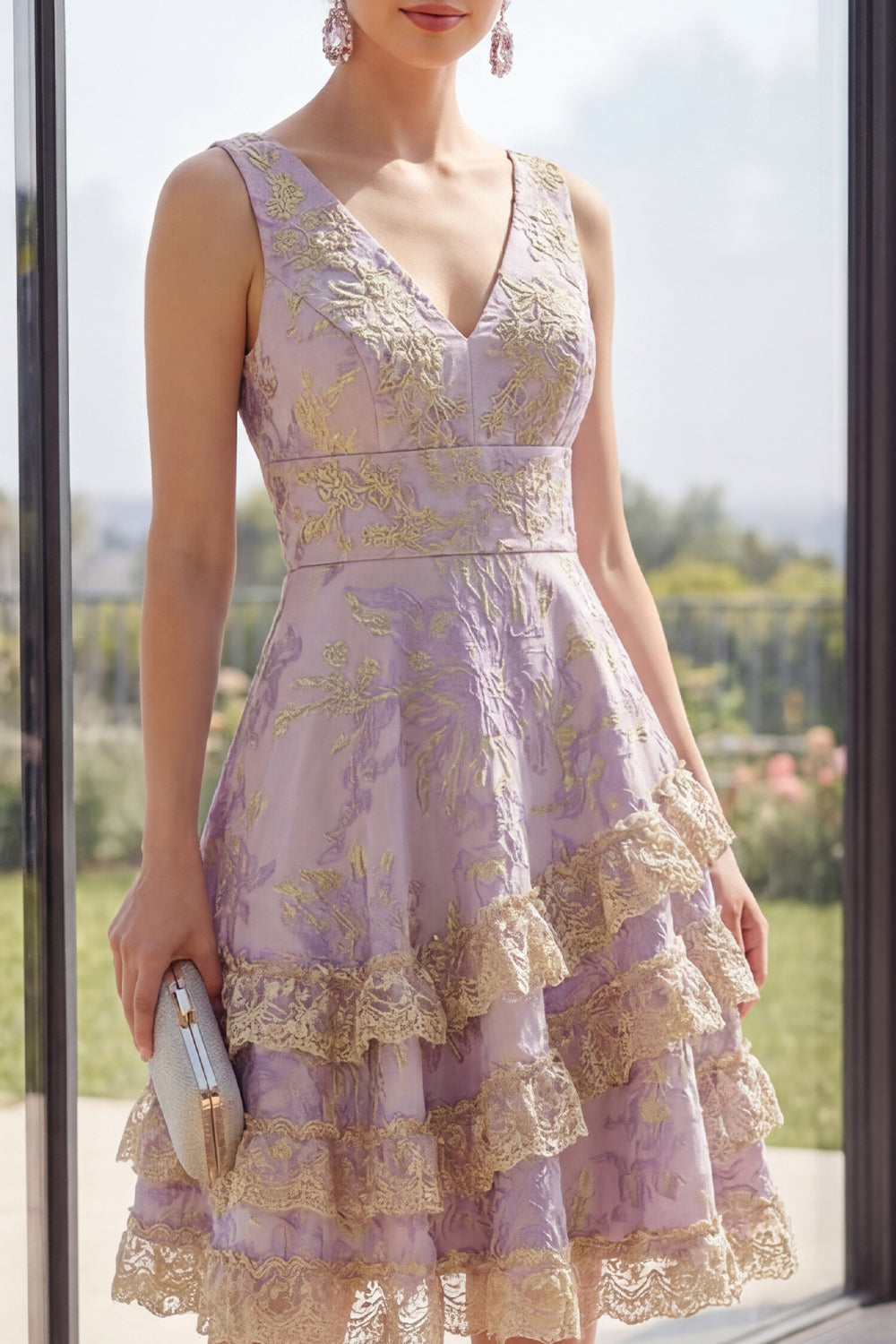 Short V-Neck A Line Dusty Lilac Jacquard Wedding Guest Dress with Ruffles