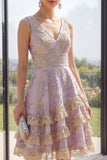 Short V-Neck A Line Dusty Lilac Jacquard Wedding Guest Dress with Ruffles