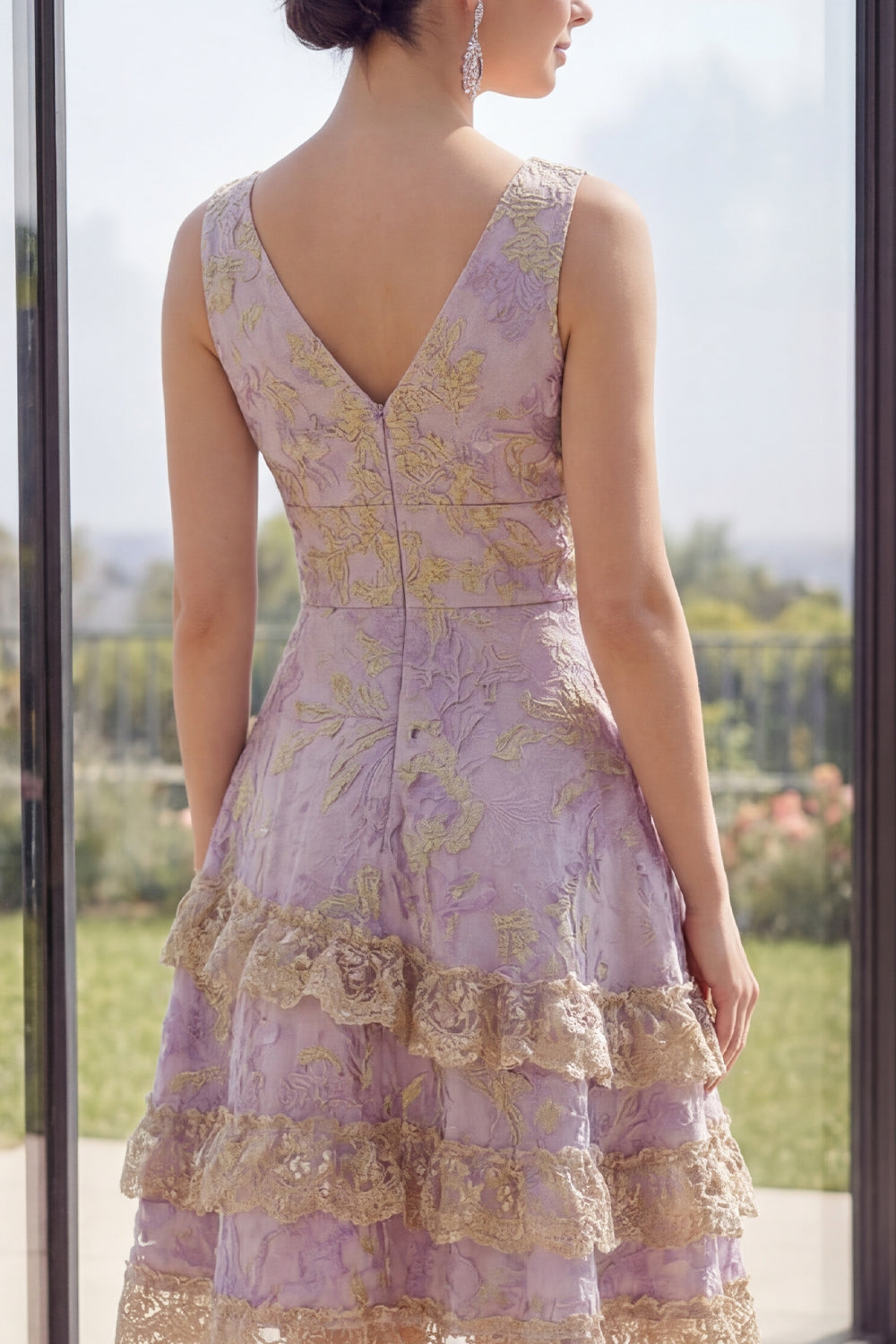 Short V-Neck A Line Dusty Lilac Jacquard Wedding Guest Dress with Ruffles