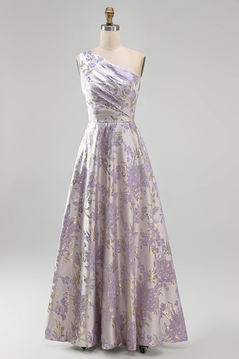 Long One Shoulder Ruched Dusty Lilac Jacquard A Line Floral Wedding Guest Dress
