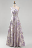 Long One Shoulder Ruched Dusty Lilac Jacquard A Line Floral Wedding Guest Dress