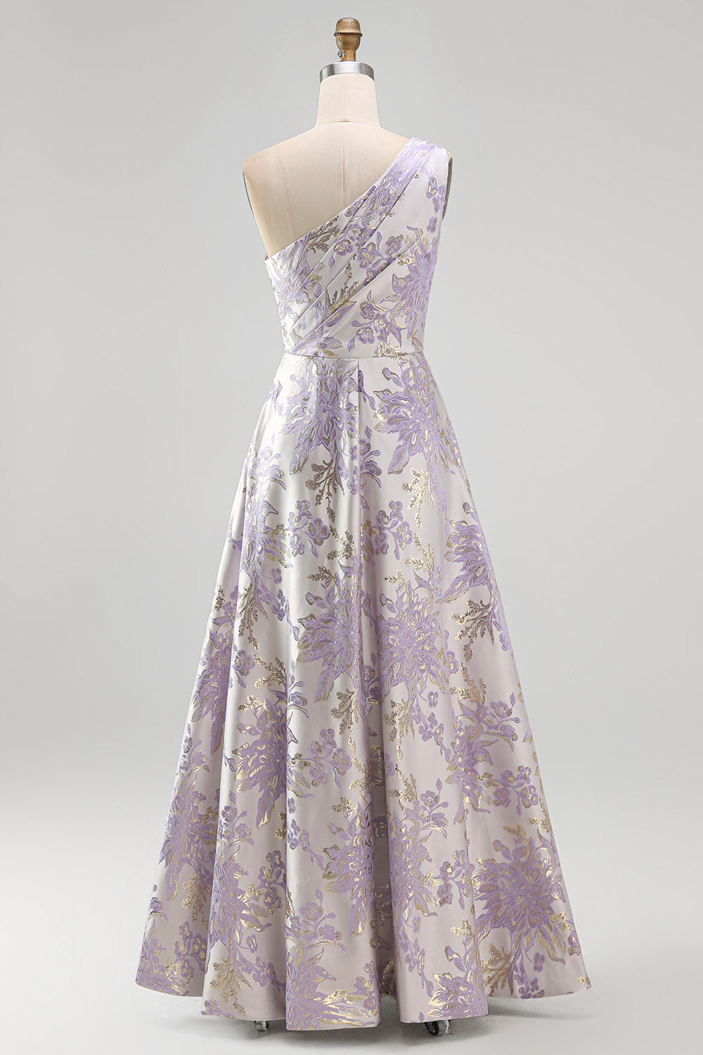 Long One Shoulder Ruched Dusty Lilac Jacquard A Line Floral Wedding Guest Dress