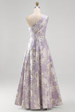 Long One Shoulder Ruched Dusty Lilac Jacquard A Line Floral Wedding Guest Dress