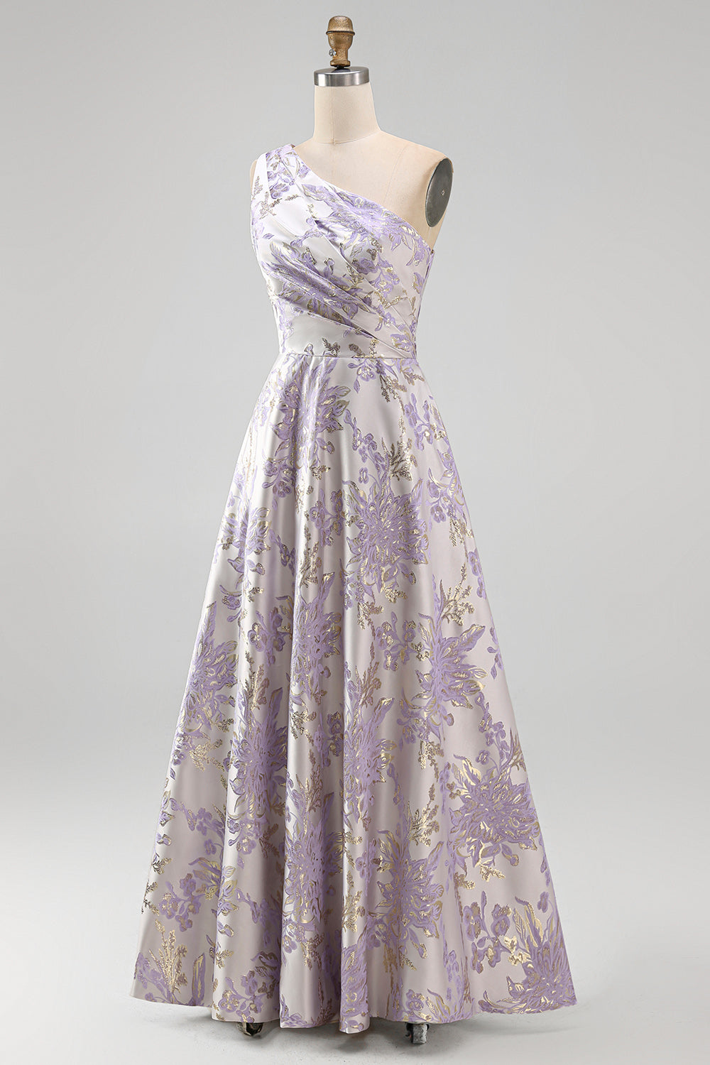 Long One Shoulder Ruched Dusty Lilac Jacquard A Line Floral Wedding Guest Dress