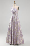 Long One Shoulder Ruched Dusty Lilac Jacquard A Line Floral Wedding Guest Dress