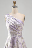 Long One Shoulder Ruched Dusty Lilac Jacquard A Line Floral Wedding Guest Dress
