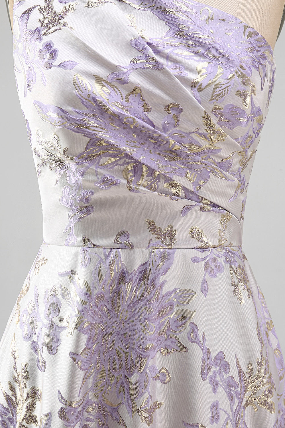 Long One Shoulder Ruched Dusty Lilac Jacquard A Line Floral Wedding Guest Dress