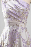 Long One Shoulder Ruched Dusty Lilac Jacquard A Line Floral Wedding Guest Dress