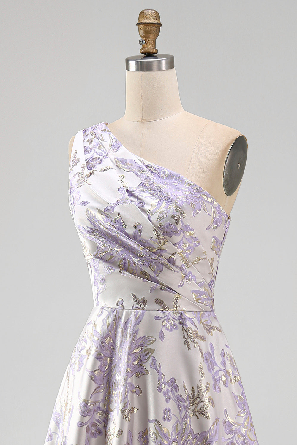 Long One Shoulder Ruched Dusty Lilac Jacquard A Line Floral Wedding Guest Dress