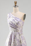 Long One Shoulder Ruched Dusty Lilac Jacquard A Line Floral Wedding Guest Dress