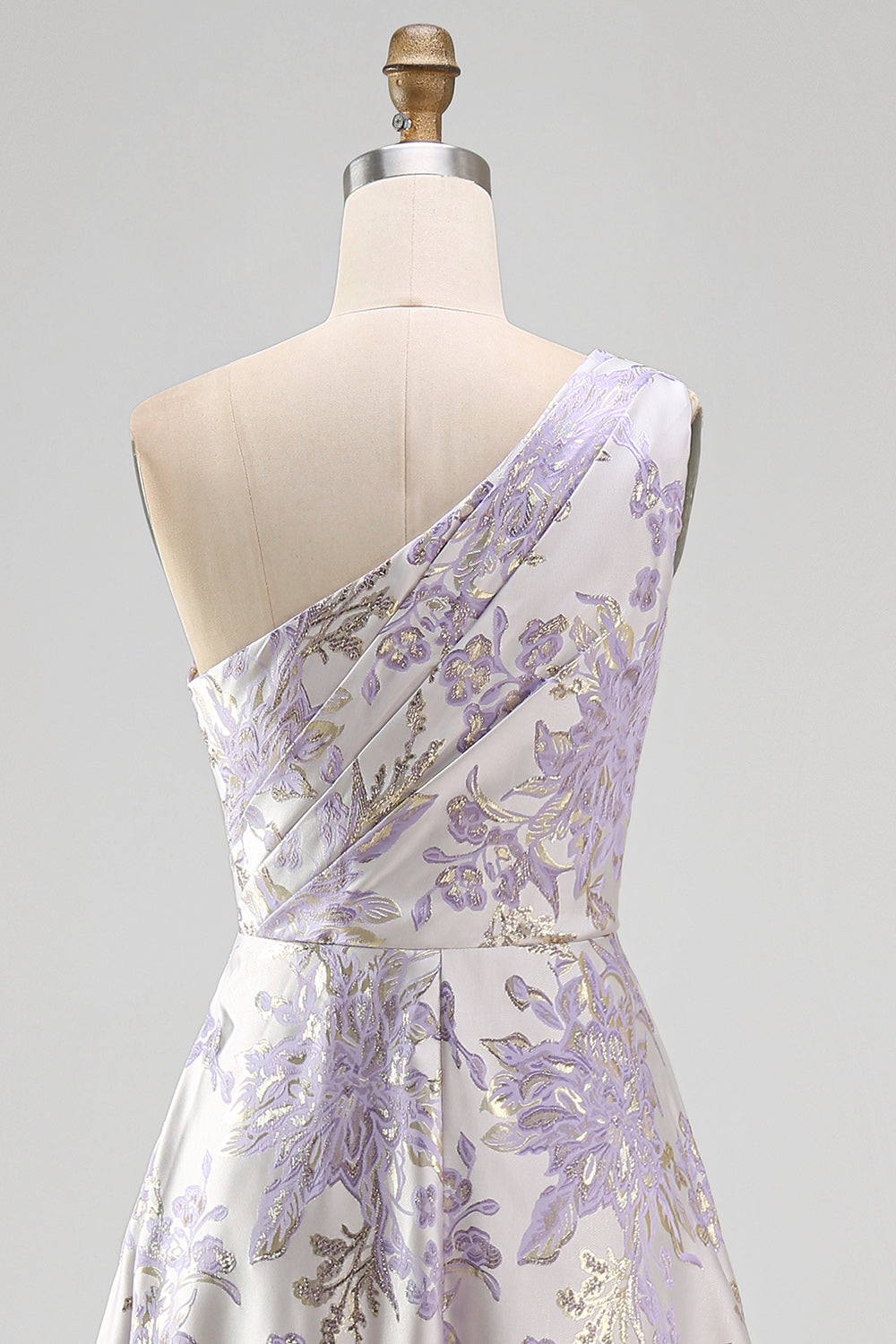 Long One Shoulder Ruched Dusty Lilac Jacquard A Line Floral Wedding Guest Dress