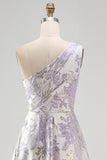 Long One Shoulder Ruched Dusty Lilac Jacquard A Line Floral Wedding Guest Dress