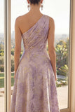 Long One Shoulder Ruched Dusty Lilac Jacquard A Line Floral Wedding Guest Dress