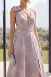 Long Ruched Dusty Lilac Jacquard A Line Floral V-Neck Wedding Guest Dress with Slit