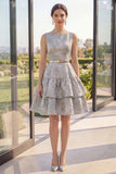 Short A Line Dusty Blue Boat Neck Ruffled Jacquard Wedding Guest Dress with Belt