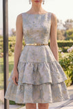 Short A Line Dusty Blue Boat Neck Ruffled Jacquard Wedding Guest Dress with Belt