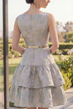 Short A Line Dusty Blue Boat Neck Ruffled Jacquard Wedding Guest Dress with Belt