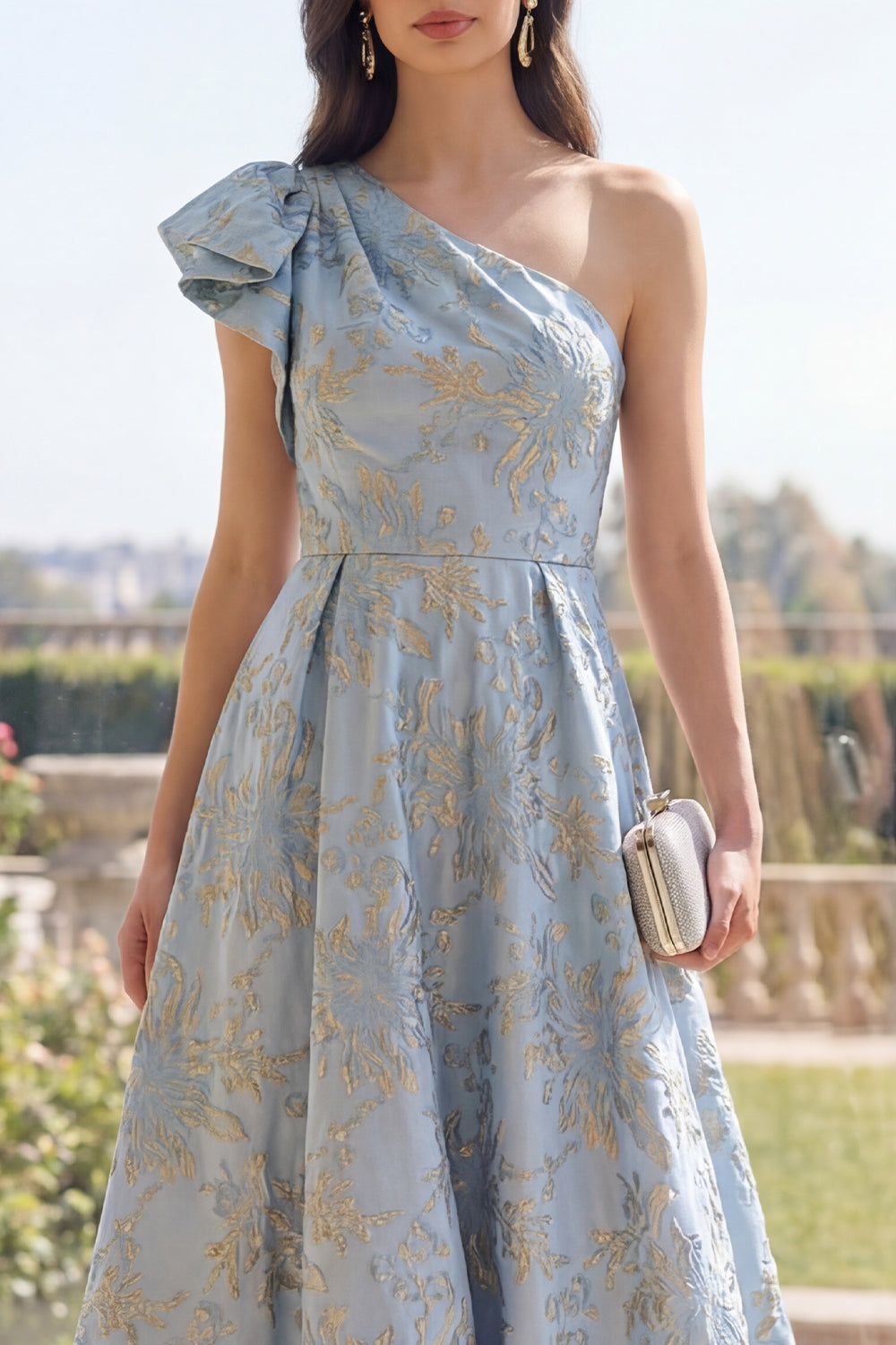 Zapakasa Women Dusty Blue Jacquard Long Floral Wedding Guest Dress with