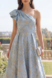 One Shoulder Jacquard Long A Line Dusty Blue Floral Wedding Guest Dress with Bow