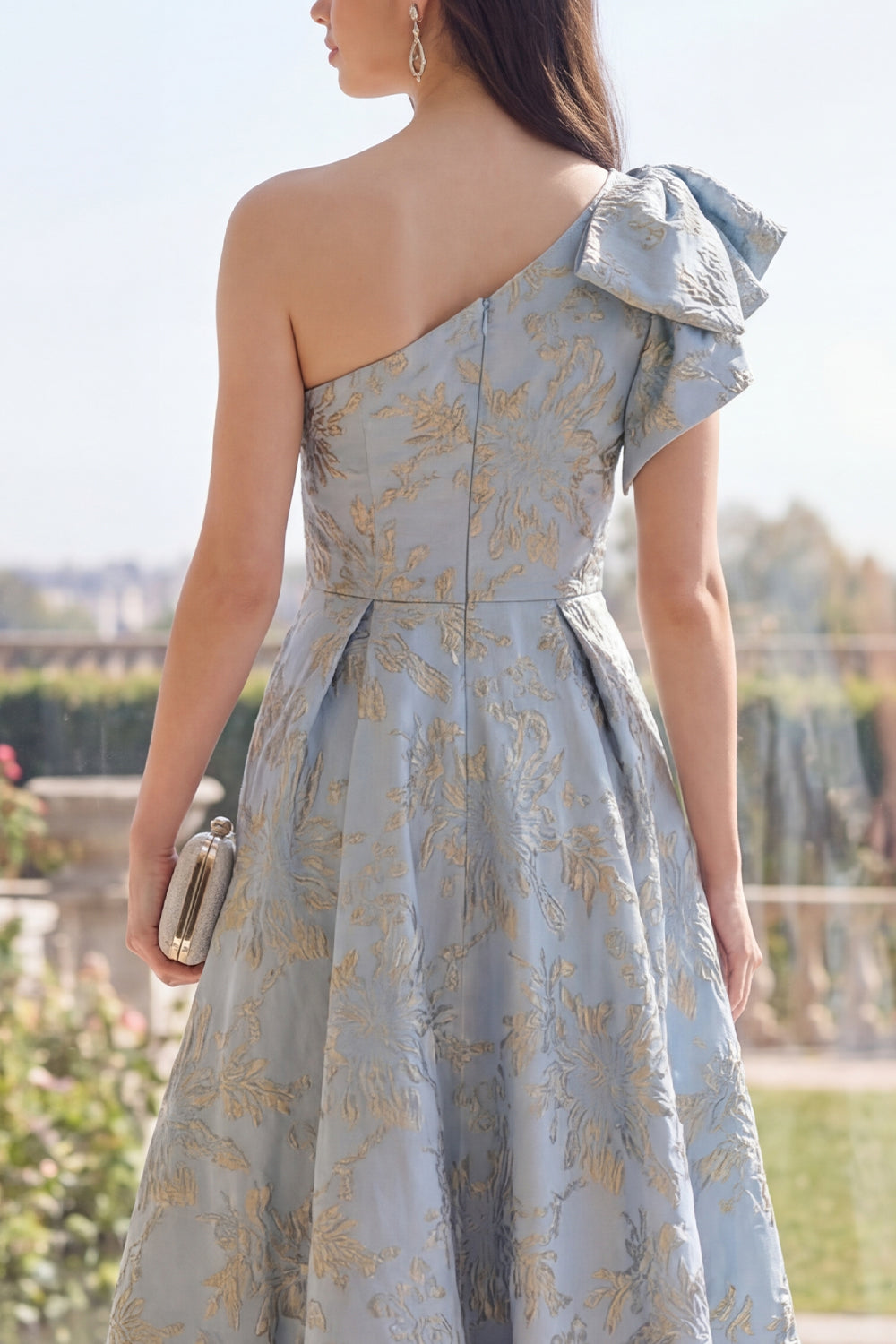 Zapakasa Women Dusty Blue Jacquard Long Floral Wedding Guest Dress with