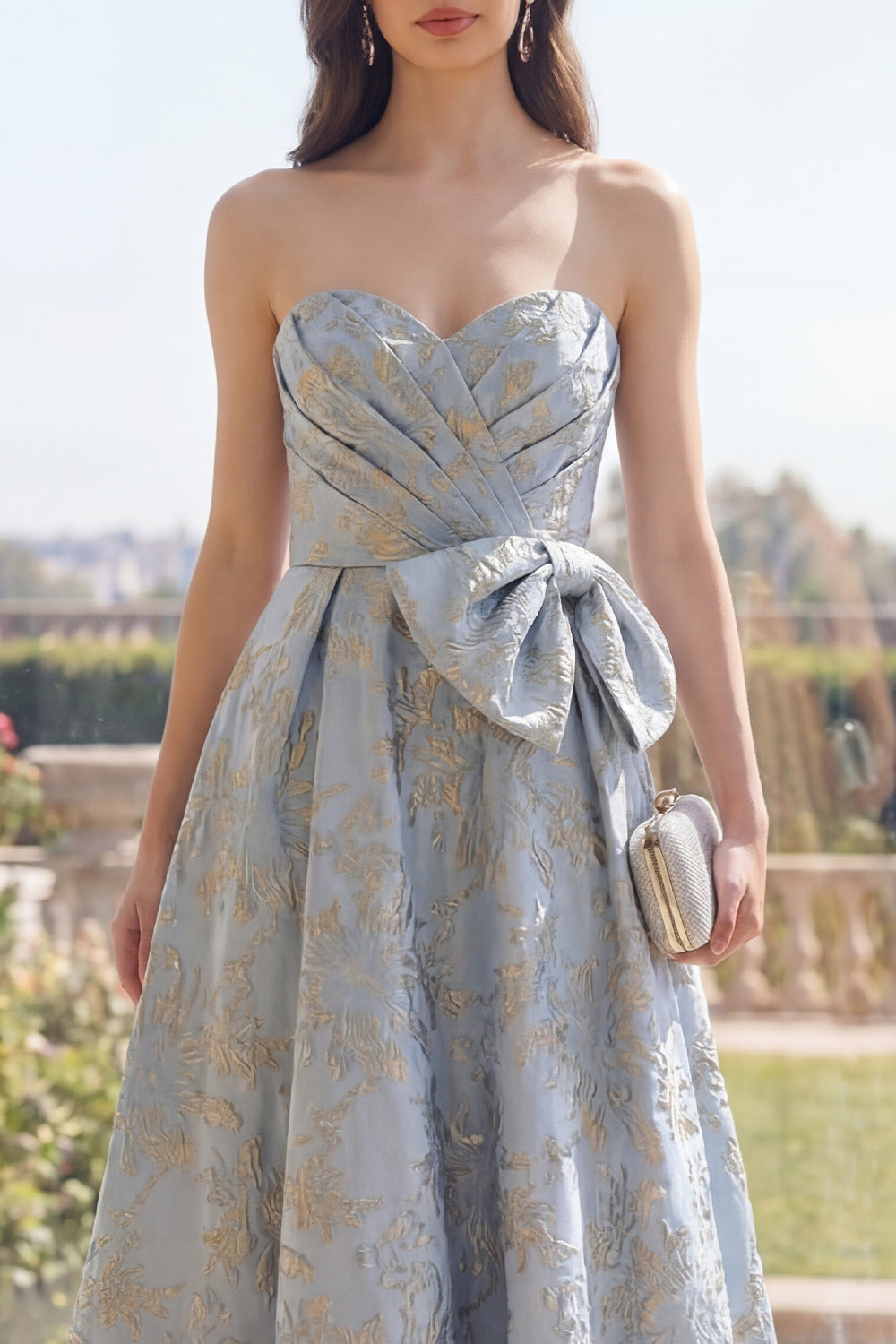 Jacquard Long A Line Dusty Blue Floral Wedding Guest Dress with Bow