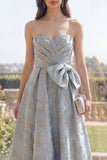 Jacquard Long A Line Dusty Blue Floral Wedding Guest Dress with Bow