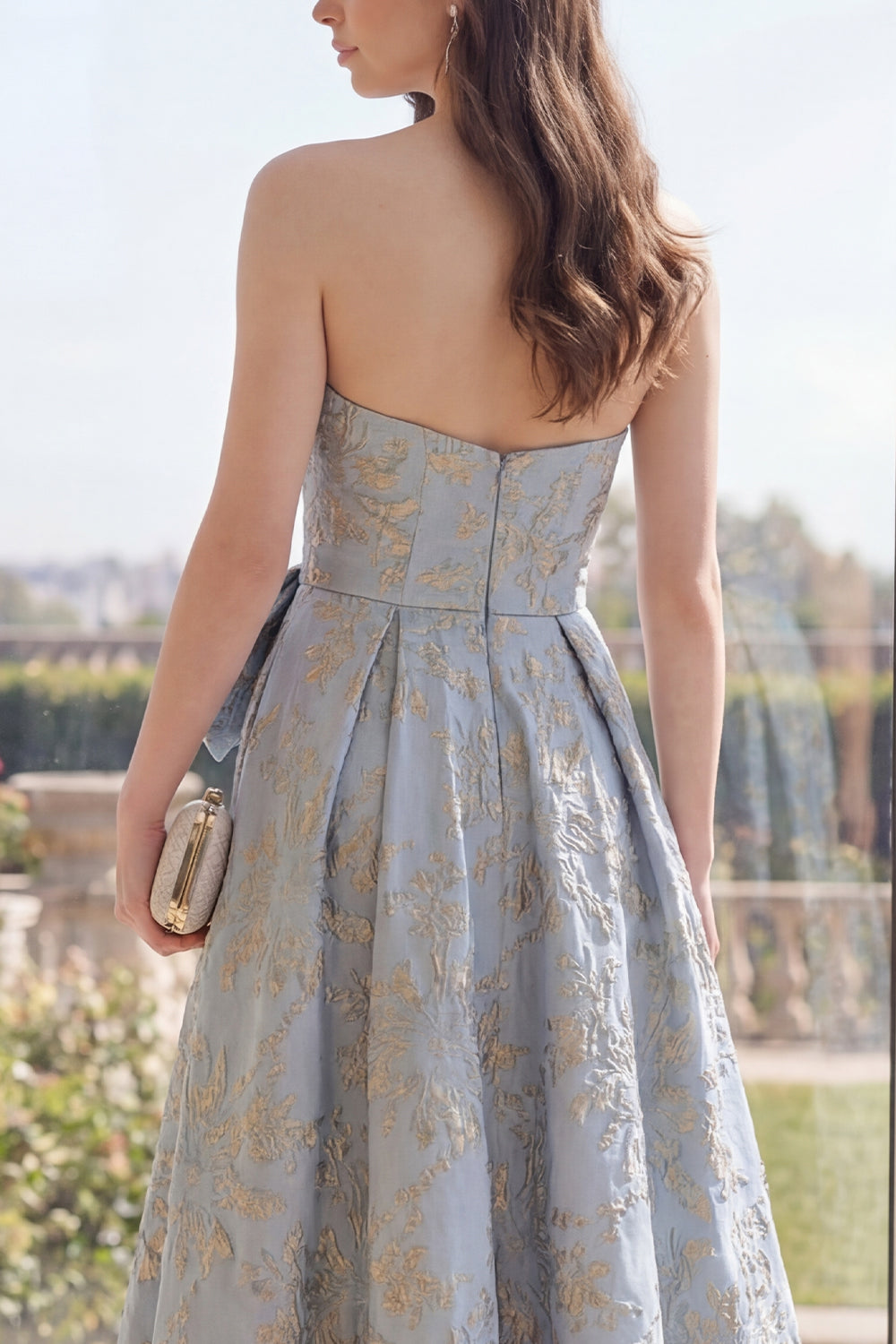 Jacquard Long A Line Dusty Blue Floral Wedding Guest Dress with Bow