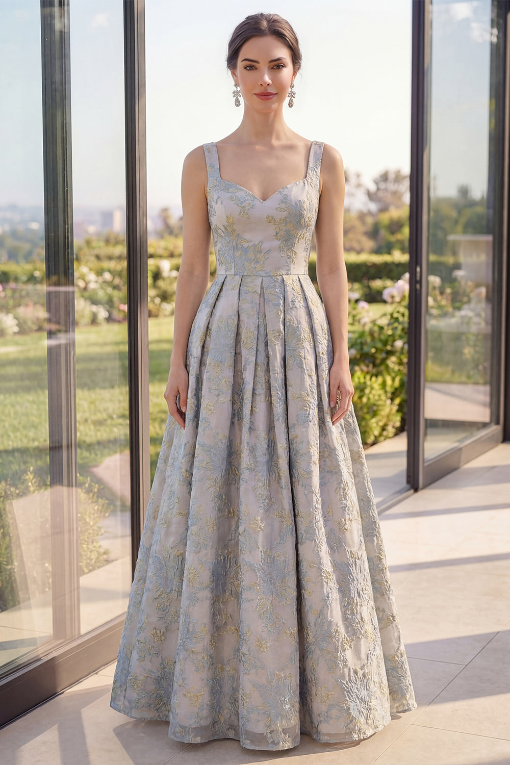 Thick Straps Jacquard Long A Line Dusty Blue Floral Wedding Guest Dress