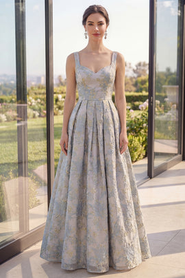 Thick Straps Jacquard Long A Line Dusty Blue Floral Wedding Guest Dress