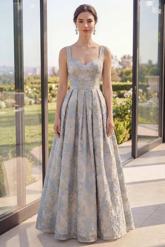 Thick Straps Jacquard Long A Line Dusty Blue Floral Wedding Guest Dress