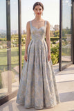 Thick Straps Jacquard Long A Line Dusty Blue Floral Wedding Guest Dress
