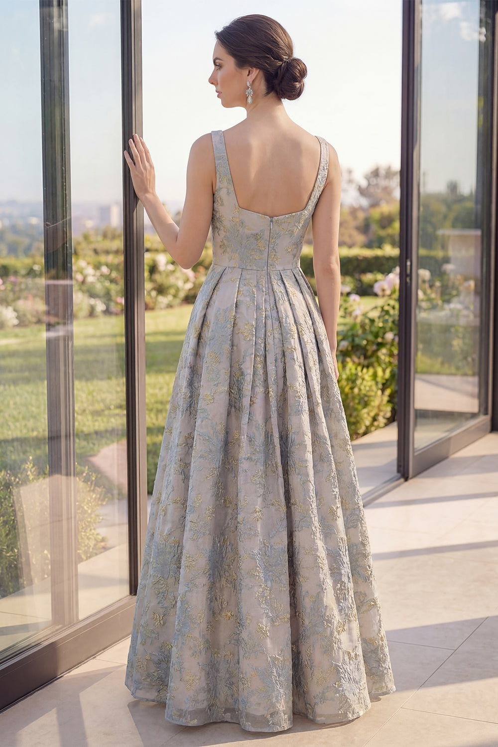 Thick Straps Jacquard Long A Line Dusty Blue Floral Wedding Guest Dress