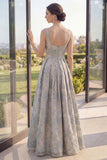 Thick Straps Jacquard Long A Line Dusty Blue Floral Wedding Guest Dress